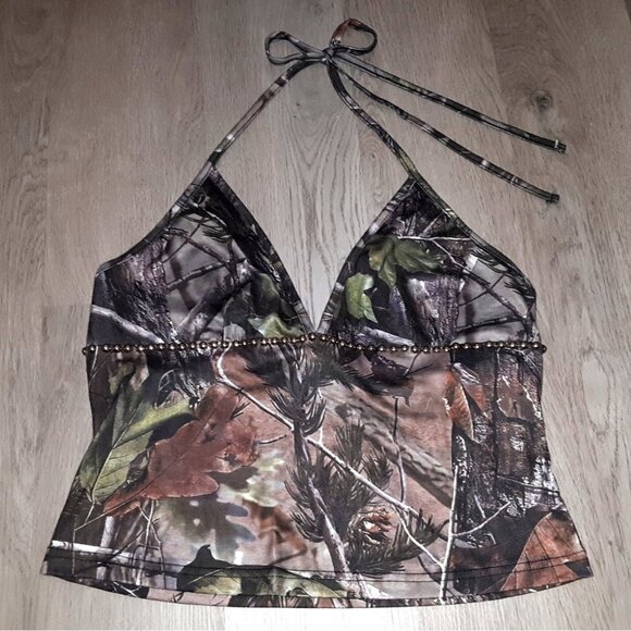 Woodland Hunting Camo Silver Studded Halter Top Tank Top Size Large Camouflage - Picture 1 of 4
